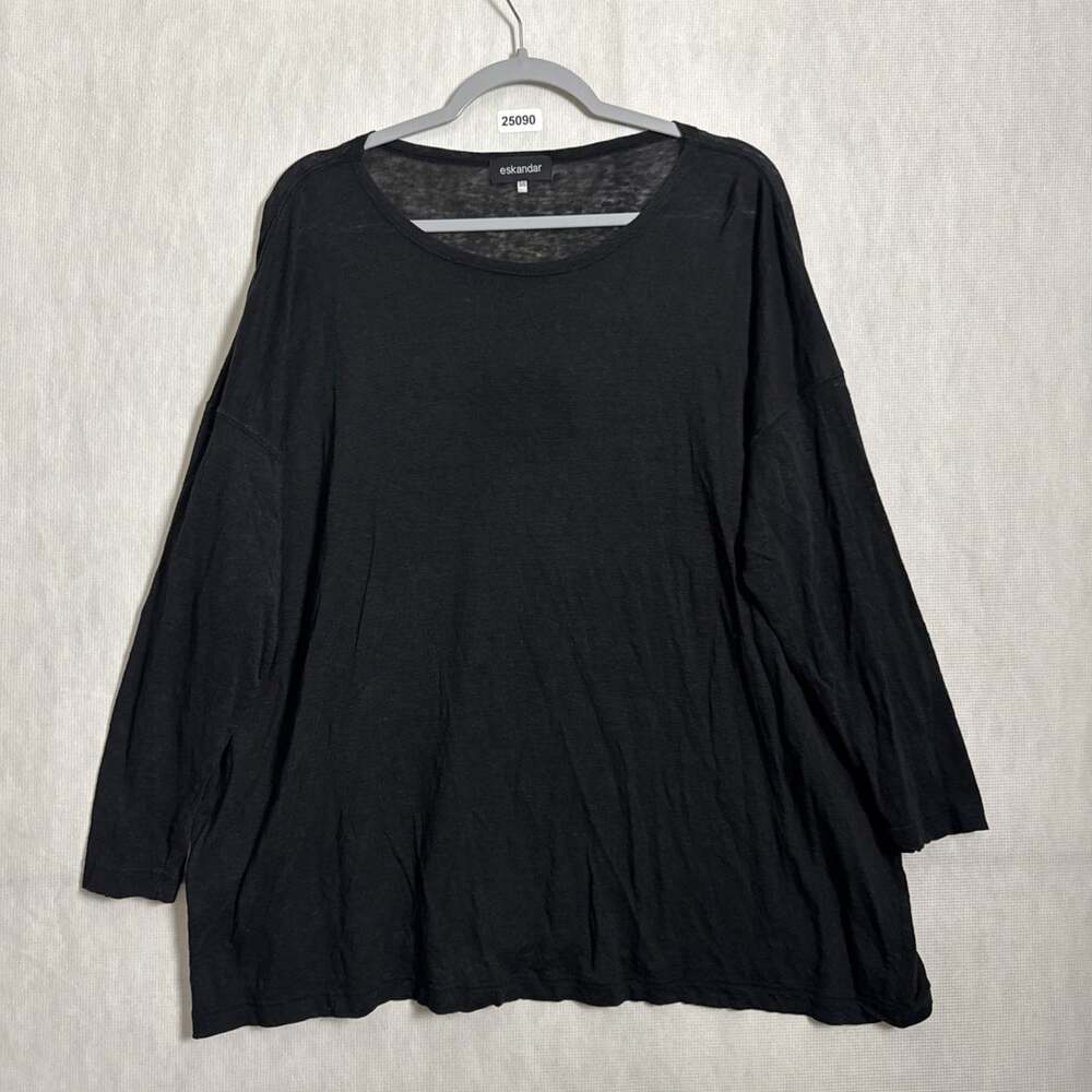 Eskandar Women's O/S Black 100% Linen Knit Long Sleeve Relaxed Lagenlook Shirt